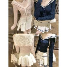 批发韩系甜美学院风海军领修身针织上衣秋冬新款高腰百褶半身裙套装女