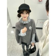 批发富家千金高级感小香风斗篷外套秋冬新款木耳边针织打底衫两件套女