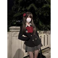 批发学院套装秋季新款日系甜美蝴蝶结<b class='q'>双排扣</b><b class='q'>西装</b>外套条纹百褶裙两件套