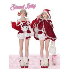 批发圣诞节红色氛围感一字肩毛衣毛绒披肩斗篷羊羔毛小熊<b class='q'>背带裤</b>三件套