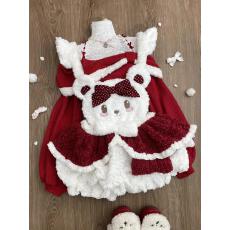 批发新年红色战袍甜美风蕾丝花边连帽斗篷一字肩上衣蝴蝶结背带裙套装