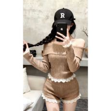 批发新款纯欲风一字肩气质蕾丝修身<b class='q'>长袖</b>针织衫上衣拼接高腰短<b class='q'>裤</b>两件套