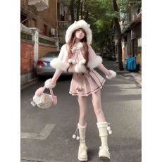 批发甜美氛围感冬日套装裙毛绒绒斗篷外套百搭打底衫<b class='q'>波点</b><b class='q'>连衣裙</b>三件套