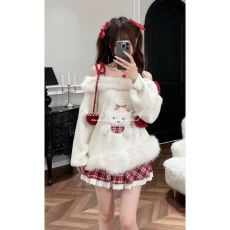 批发冬季新款甜美纯欲气质毛绒绒<b class='q'>一字肩</b>上衣显瘦蕾丝格纹半身裙两件套