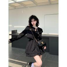 批发气质小香风甜美名媛穿搭套装流苏拼接短款粗纺外套收腰蓬蓬连衣裙