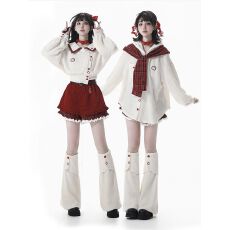 批发可爱少女苹果风格纹拼接海军领长袖上衣秋冬款高腰短款裙<b class='q'>裤</b>子套<b class='q'>装</b>