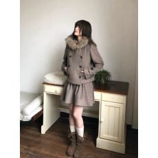 批发复古学院风双排扣毛领连帽毛呢外套秋冬款高腰显瘦<b class='q'>半身裙</b>两件套装