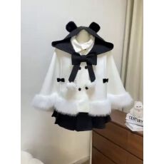 批发秋冬季新款甜美可爱毛绒披肩斗篷外套小熊帽子高腰<b class='q'>半身裙</b>三件套<b class='q'>女</b>