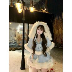 批发甜美洛丽塔毛绒蝴蝶结斗篷打底上衣<b class='q'>蓬蓬</b>背带<b class='q'>连衣裙</b>冬季三...