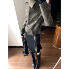批发时髦气质双排扣翻领收腰毛呢外套秋冬新款高腰包臀<b class='q'>半身裙</b>两件套<b class='q'>女</b>