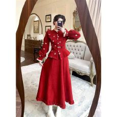 批发新年战袍高级感蝴蝶结毛呢外套秋冬新款高腰显瘦半身长裙<b class='q'>两件</b>套<b class='q'>女</b>