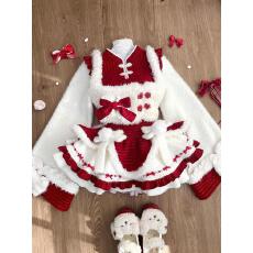 冬季新款甜美新年外套氛围减龄战袍红色斗篷拼接蓬蓬连衣裙三件套