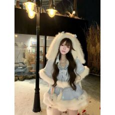 批发冬季新款甜美洛丽塔蝴蝶结斗篷<b class='q'>外套</b>毛绒<b class='q'>连衣裙</b>打底上衣氛围感套装