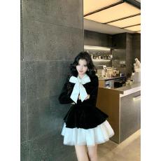 批发春季新款千金香风时尚蝴蝶结套装收腰上衣拼接丝绒半身裙两件套<b class='q'>女</b>