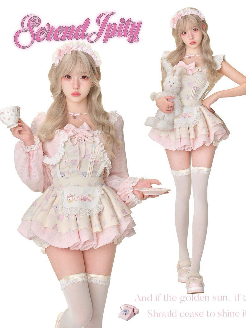 소녀 달콤함 귀여운 나비 매듭 긴팔 맨위 오픈 가디건 새로운 레이스 퍼프 멜빵 반신 스커트 세 조각 여성 세트