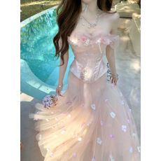 批发法式甜美度假风花朵<b class='q'>网纱</b>吊带收腰<b class='q'>上衣</b>高腰显瘦鱼尾半身裙两件套装