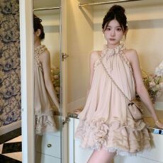 批发甜美风减龄新款无袖短款蛋糕裙2026<b class='q'>夏</b>季挂脖式荷叶边网纱<b class='q'>连衣裙</b>子