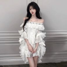 批发江浙沪千金穿搭套装温柔气质高级感荷叶边<b class='q'>一字肩</b><b class='q'>上衣</b>短裙子两件套