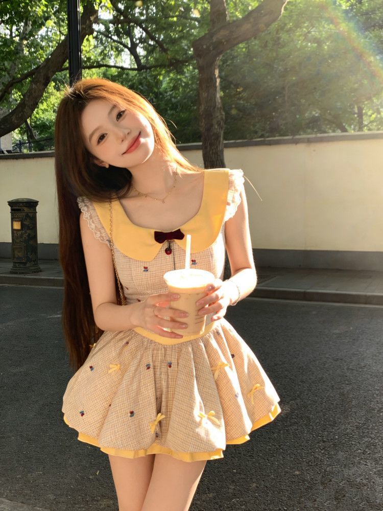 여름 새로운 달콤함 귀여운 우유 황색 프린트 체리 민소매 공주 드레스 나비 매듭 허리 수축 퍼프 드레스