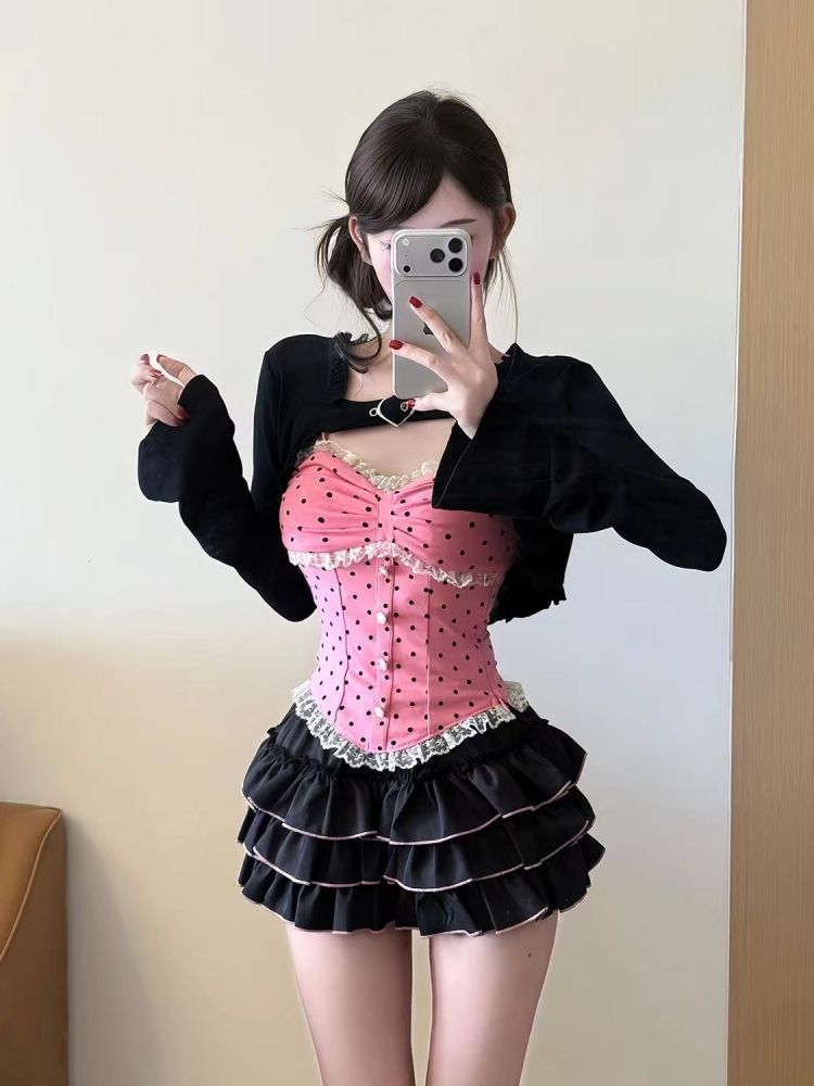 여름 새로운 순수한 욕망 품격 달콤한 차가운 세트 레이스 도트 무늬 맨위 검정색 오픈 가디건 하이웨이스트 케이크 드레스 3종 세트