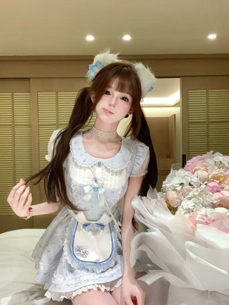 귀여운 하늘색 달콤함 디자인 연령 감소 소녀 페이크 레이어드 드레스 나비 매듭 고양이 귀 앞치마 투피스 세트