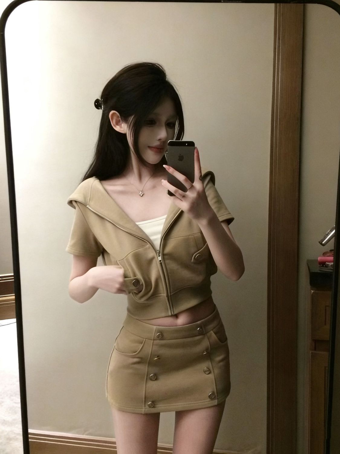 디자인 센스 여름 한 부서 캐주얼 바람 후드티 후드 반팔 재킷 이중 버튼 미니 스커트 출퇴근 다용도 투피스 세트