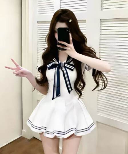 새로운 일본식 달콤함 소녀 센스 세일러복 품격 명문 여성 해군 칼라 나비 매듭 반팔 허리 수축 점프 슈트 미니 스커트
