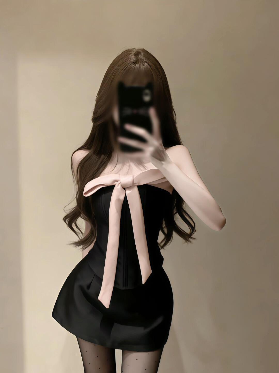 한 부서 품격 핫걸 바람 섹시함 배색 패치워크 나비 매듭 튜브탑 슬림해 보이는 맨위 하이웨이스트 반신 스커트 투피스 세트