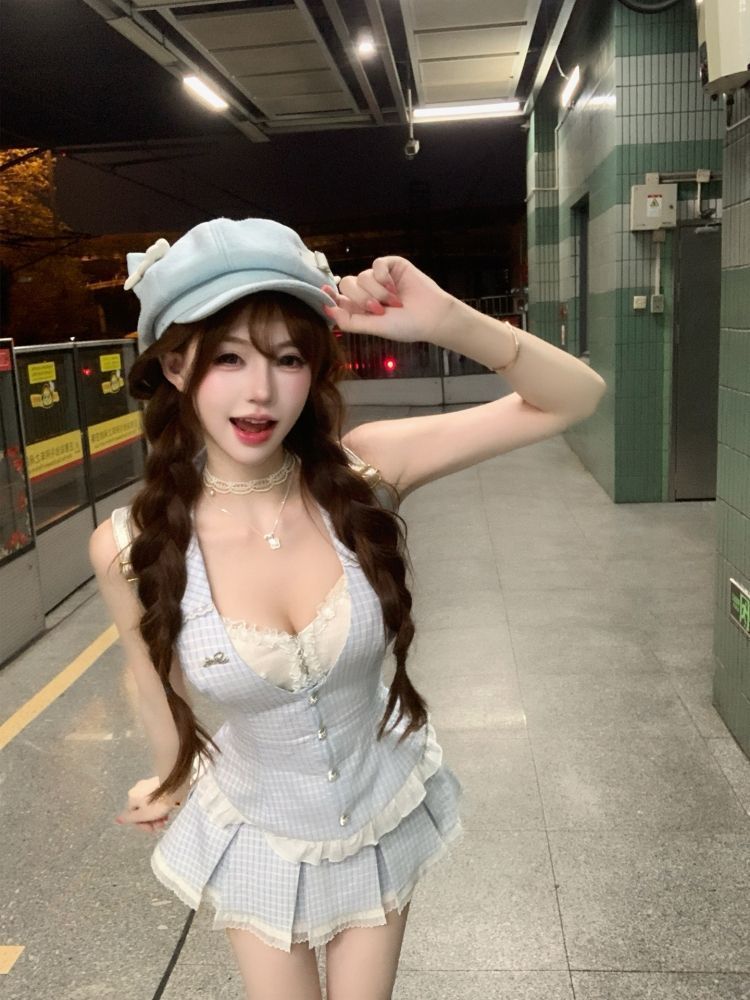 여름 달콤함 순수한 욕망 소녀 센스 디자인 품격 레이스 페이크 레이어드 맨위 코디 플리츠 미니 스커트 두 조각 여성 세트