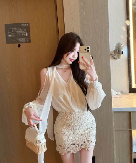 순수한 욕망 바람 핫걸 여름 새로운 자이언트 잘 생긴 화이트 셔츠 레이스 타이트 스커트 반신 짧은 치마 패션 세트 여성