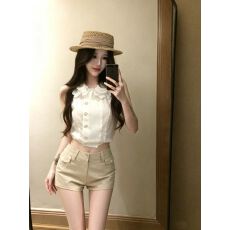 批发新款法式千金风名媛优雅时尚少女感无袖短款<b class='q'>上衣</b>低腰短<b class='q'>裤</b>两件套女