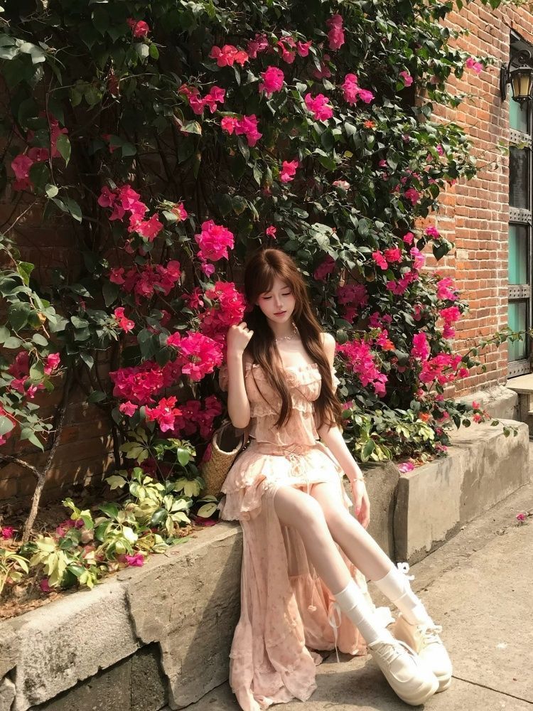 여름 새로운 순수한 욕망 분위기 센스 프릴 거품 소매 허리 수축 슬림해 보이는 부드러운 사쿠라 꽃가루 케이크 롱 스커트 세트