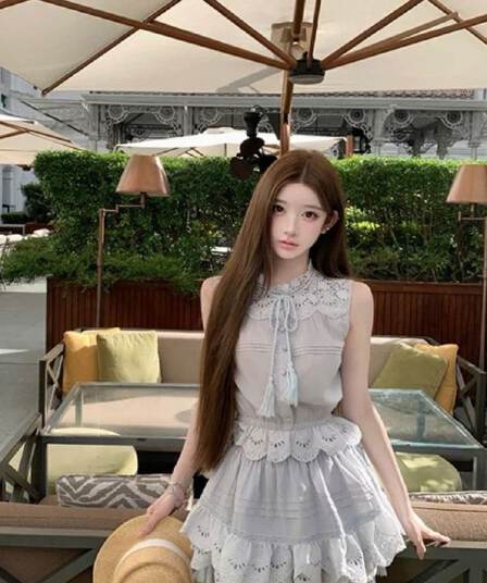 여름 새로운 분위기 센스 프랑스식 품격 패션 세트 레이스 나비 매듭 맨위 코디 하이웨이스트 반신 스커트 여성