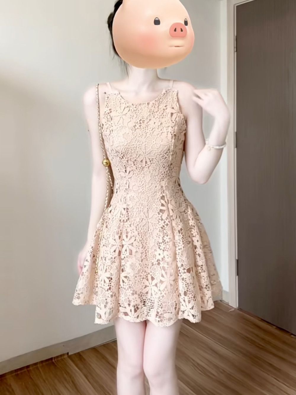 프랑스식 부드러운 바람 홀로우 아웃 레이스 민소매 슬립 드레스 여름 새로운 패션 허리 수축 한 마디 퍼프 스커트 여성