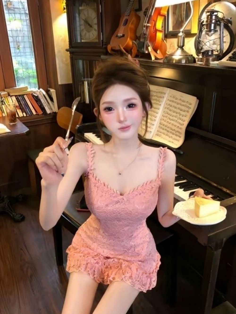 프랑스식 순수한 욕망 바람 핑크색 레이스 슬립 드레스 여름 새로운 프릴 허리 수축 슬림해 보이는 정보