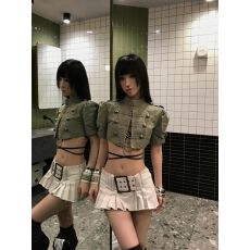 批发夏季新款美式气质复古时尚感双排扣短款外套搭配百褶半身裙两件套