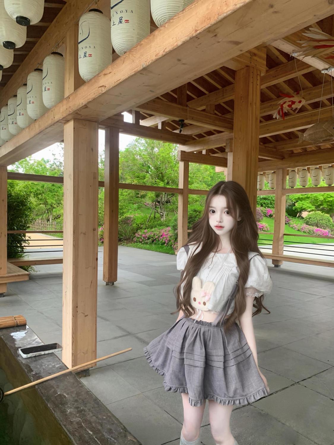 여름 일본식 학원 스타일 소녀 센스 세트 베이비 칼라 거품 소매 맨위 허리 수축 멜빵 퍼프 스커트 투피스 세트