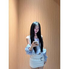批发<b class='q'>新款</b>辣妹时尚设计气质蓝色蕾丝长袖假两件上衣高腰包臀短裙两件套