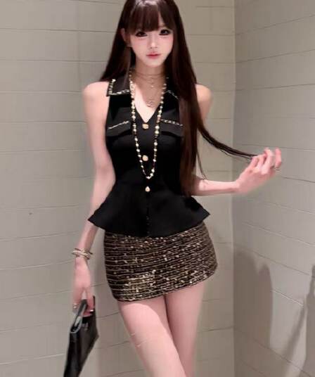 프랑스식 명문 여성 작은 샤넬 스타일 다이아몬드 세팅 허리 수축 민소매 행침 목 맨위 여름 새로운 스팽글 타이트 스커트 반신 치마 세트