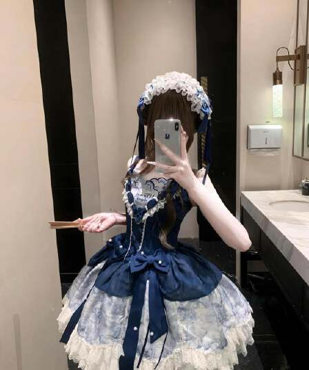 귀여운 소녀 센스 분위기 센스 달콤함 드레스 배색 패치워크 나비 매듭 허리 수축 퍼프 치마 여름 새로운