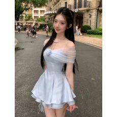 批发法式千金风网纱拼接一字肩连衣裙夏季新款小众超仙收腰显瘦公主裙