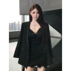 批发韩系时尚职业西装套装女秋季黑色外套+吊带背心+<b class='q'>蕾丝</b>半身裙三件套