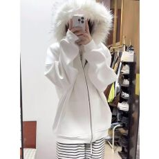 批发华棉复合真超秋冬加绒加厚毛领开衫连帽卫衣<b class='q'>男</b>女宽松小众拉链外套