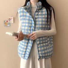 批发蓝色格子棉<b class='q'>马甲</b><b class='q'>男</b>女冬季加厚保暖立领无袖坎肩宽松潮牌棉服背心潮