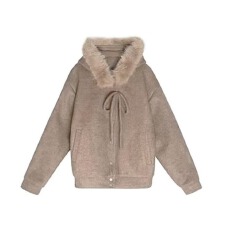 批发国<b class='q'>潮牌</b>美式复古毛呢连帽女2025秋冬季宽松百搭拉链情侣高级感外套