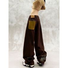 批发口袋拼接设计抓绒休闲牛仔裤女<b class='q'>冬</b>新款高腰宽松显瘦百搭直筒弯刀裤