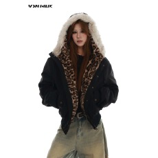 批发美式复古<b class='q'>街头</b>风豹纹毛领夹棉外套女冬季新款加绒百搭棉服潮