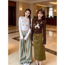 批发人棉260克纯欲辣妹修身显瘦百搭圆领<b class='q'>长袖</b><b class='q'>T</b><b class='q'>恤</b>女美式复古短款上衣