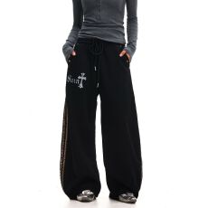 批发（原版纯棉华棉复合面料印花豹纹拉杠铆钉弯刀卫裤）黑