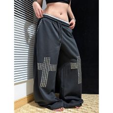批发（原版纯棉华棉复合面料铆钉十字架高质量阔腿卫裤）黑